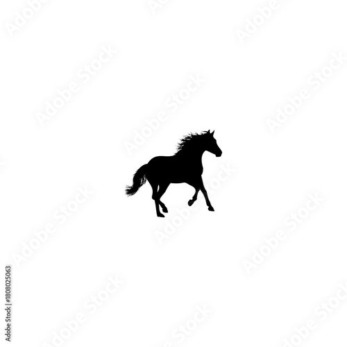 A black silhouette of a horse running on a white background in a simple and minimalist illustration
