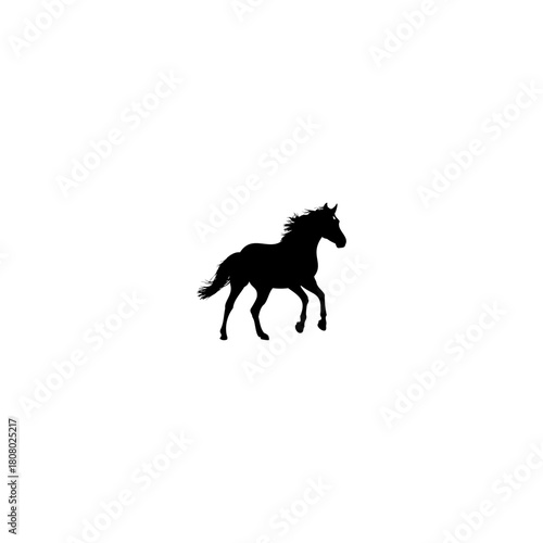 A silhouette of a horse in motion against a white background with a flowing mane and tail design