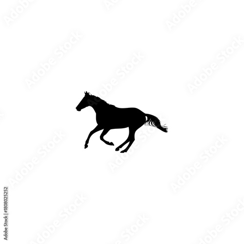 A black silhouette of a horse galloping across a white background in a dynamic and energetic pose