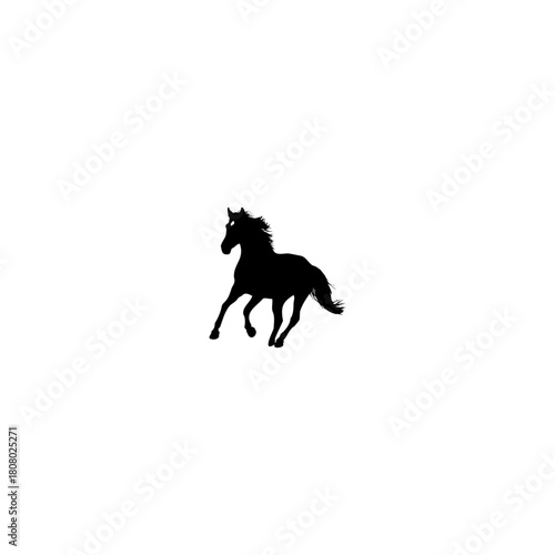 A silhouette of a horse running on a white background with its mane and tail flowing in the wind freely