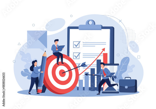 Business teamwork achieving goals with target, checklist, analytics, and project planning. Ideal for productivity, strategy, and goal-setting concepts.