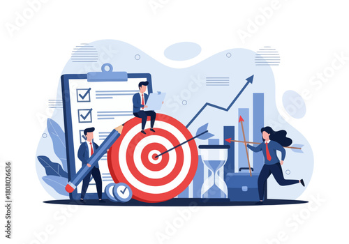 Business teamwork achieving goals with target, checklist, analytics, and project planning. Ideal for productivity, strategy, and goal-setting concepts.
