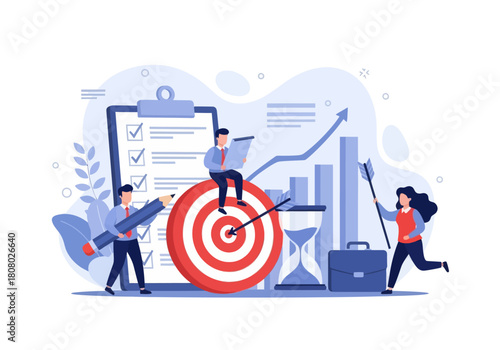 Business teamwork achieving goals with target, checklist, analytics, and project planning. Ideal for productivity, strategy, and goal-setting concepts.