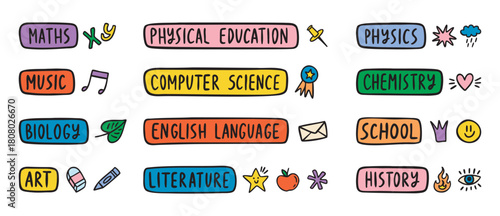 School subjects labels for timetable and planner, colorful doodle set for students and teachers, hand drawn