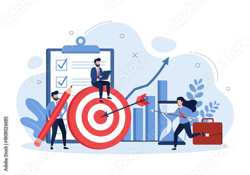 Business teamwork achieving goals with target, checklist, analytics, and project planning. Ideal for productivity, strategy, and goal-setting concepts.