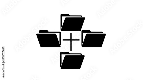 Vector illustration of four folder icons connected by a plus sign, representing data sharing, organization, network, isolated on white on transparent background