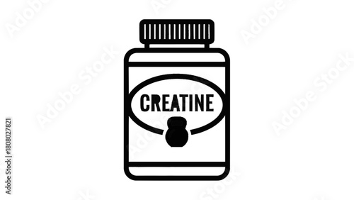 Vector illustration of black and white line art icon of a creatine supplement bottle with a kettlebell symbol, isolated on transparent background 