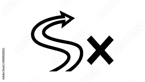 Vector illustration of wavy arrow indicating wrong direction or incorrect path with x mark, isolated on white on transparent background