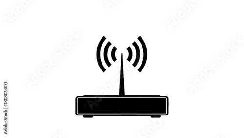 Vector illustration of black and white line art icon of a wireless wifi router with radiating signal waves, isolated on transparent background 