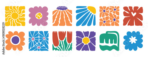 hand drawn poster abstract flowers groovy retro style. floral square botanical icon. freehand naive bright 70s style 