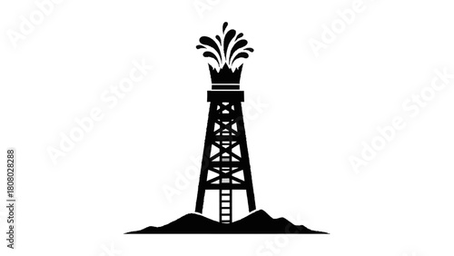 Vector illustration of oil derrick with gushing crude oil, symbolizing energy production and fossil fuels, isolated on transparent background 