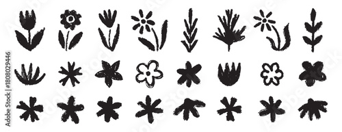 Grunge trendy doodle flowers leaves set. Hand drawn brush flowers crayon, chalk texture. Flowers textured collection