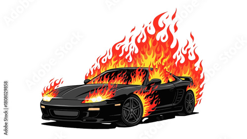 Vector illustration of a black sports car engulfed in bright orange flames, burning intensely, isolated on transparent background 