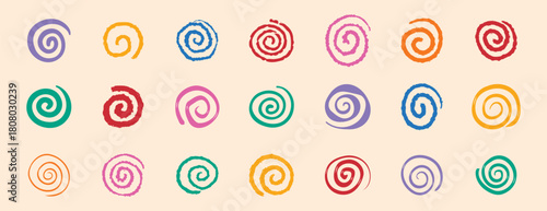 colorful spirals hand drawn swirl circle doodle hand drawn set. funny cute rainbow spirals.