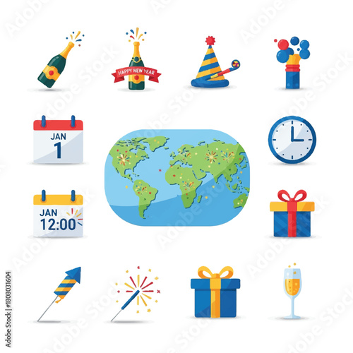 New Years Eve Celebration Icons: Festive Symbols and Global Festivities.
