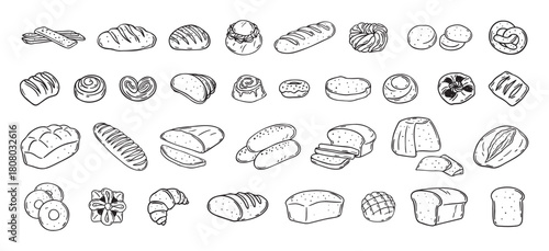 Bread different types hand drawn doodle outline icon set. Bread engraving, line art. Wheat products, baked goods, bakery