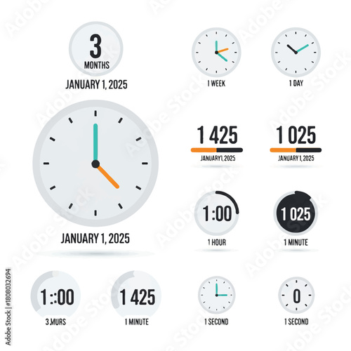 Time progression visualization with clocks and digital displays showing time increments.