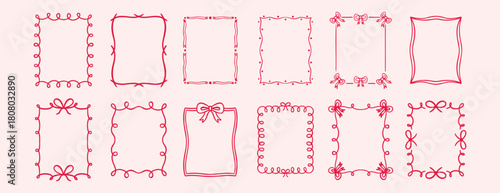 Bow rectangle frame ribbon border vintage cute hand drawn set. decorative pink hand drawn doodle line bow frame. Elegant romantic doodle wedding ribbon border.