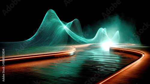 Abstract glowing turquoise waves rise and fall over a reflective surface with orange neon lights outlining a path.