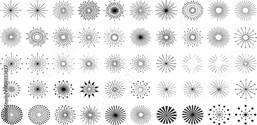 Diverse Collection of Black Burst Designs and Radial Pattern Elements for Creative Projects