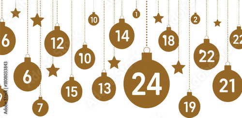 Elegant Christmas advent calendar design featuring hanging golden baubles with numbers for the countdown to the twenty-fourth, isolated on a white background