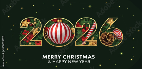 Vibrant 2026 Holiday Season Illustration Featuring Classic Christmas Ornaments, Green Fir Branches, and Sparkling Gold Accents for New Year Celebrations