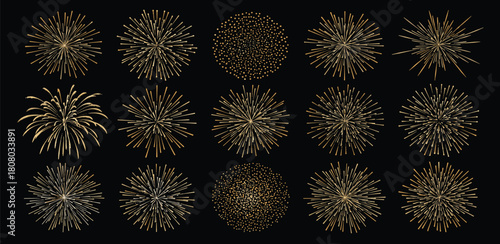 A stunning collection of golden firework bursts and sparkling starbursts, isolated on a black background for festive holiday designs