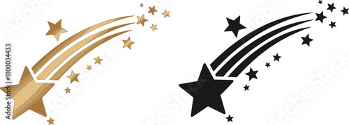 Set of gold and black shooting star icons with a trail of smaller stars, symbolizing wishes, magic, and success