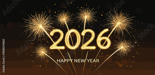 Vibrant 2026 New Year Celebration Banner with Golden Fireworks, Sparkling Light Effects, and Festive Glow Against a Dark Background