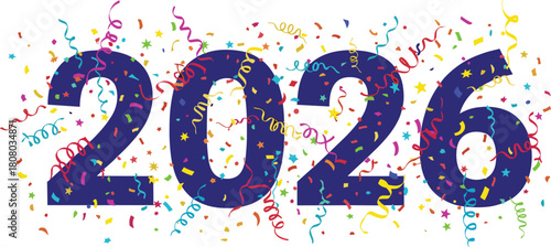 Happy New Year 2026 celebration with confetti and streamers
