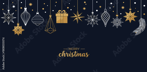 Elegant Merry Christmas banner with hanging gold and white geometric ornaments, stars, and snowflakes on a dark background