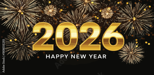 Golden 2026 New Year celebration with vibrant sparkling fireworks illuminating a dark sky, perfect for festive holiday greetings and joyful event promotions