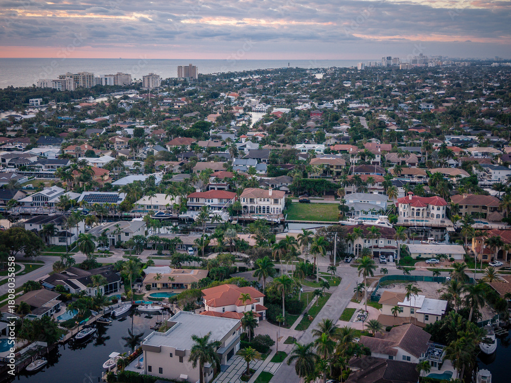 Fototapeta premium Aerial Drone of Florida, light house pointe, west palm beach, sunrise, beach, lake boca
