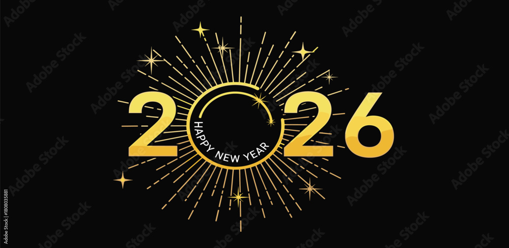 Fototapeta premium Happy New Year 2026 golden sunburst celebration and fireworks