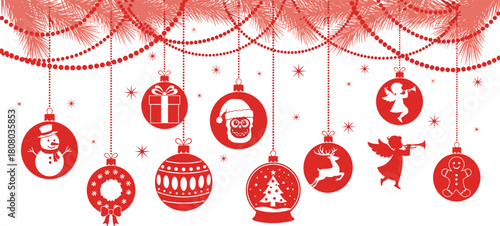 Festive Red Christmas Holiday Banner with Decorative Ornaments and Pine Branches, Ideal for Seasonal Celebrations and Winter Event Design