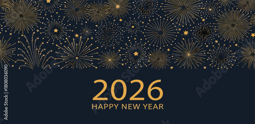 Elegant golden fireworks display on a dark background celebrating the arrival of the New Year 2026 with a festive greeting