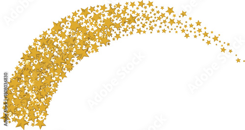 Golden shooting star arc made of glittering particles, symbolizing celebration, success, and achievement on a white background