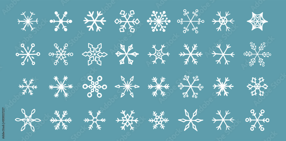 Fototapeta premium Hand drawn snowflake doodle vector icon collection, winter snow symbol. White snowflakes on a blue background
