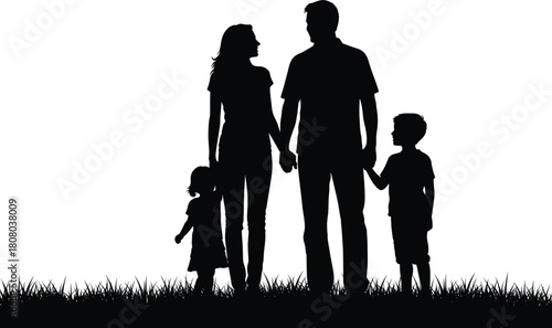 Black silhouette of family with two children standing on grass, parents holding hands with son and daughter, vector illustration isolated on white background.