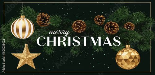 Elegant Christmas banner with festive pine branches, golden ornaments, and sparkling snow on a dark green background, perfect for holiday greetings and seasonal celebrations