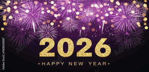Sparkling 2026 New Year celebration with vibrant purple fireworks and golden glitter text, symbolizing joy and anticipation for a prosperous future