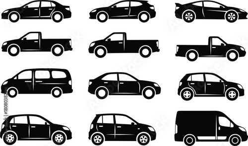 Big collection of vehicle silhouettes featuring sedan, hatchback, pickup truck, and cargo van, vector illustration isolated on white background for transportation design.
