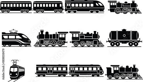 Black Train Silhouettes Collection Featuring Steam Locomotive, Modern Rail, Tram, Tanker Car, Passenger Coach, Vintage Transport Icons for Design