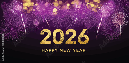 Vibrant Happy New Year 2026 greeting banner with a spectacular display of purple and golden fireworks against a dark background