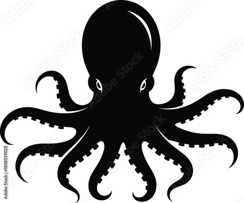 Black vector silhouette of a giant octopus with spreading tentacles and suckers, isolated on a white background, perfect for logo, tattoo, or mascot design.