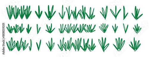  green grass doodle hand drawn icon set. Outline drawing green grass line clipart symbol collection