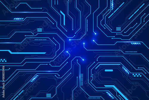 Modern Electronic Chipboard Pattern in Blue. Clean circuit board texture with glowing connections and futuristic microchip details.