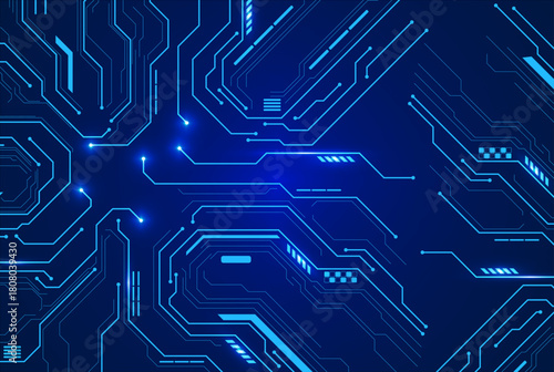 Digital PCB Network Blueprint Background. Abstract electronic blueprint design with luminous node center and symmetrical circuitry.