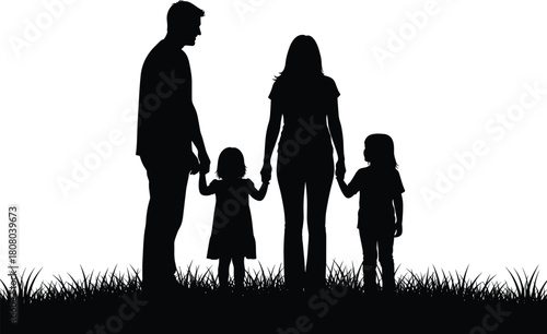 Black vector silhouette of a happy family with parents and two daughters holding hands standing on grass field, isolated on white background.