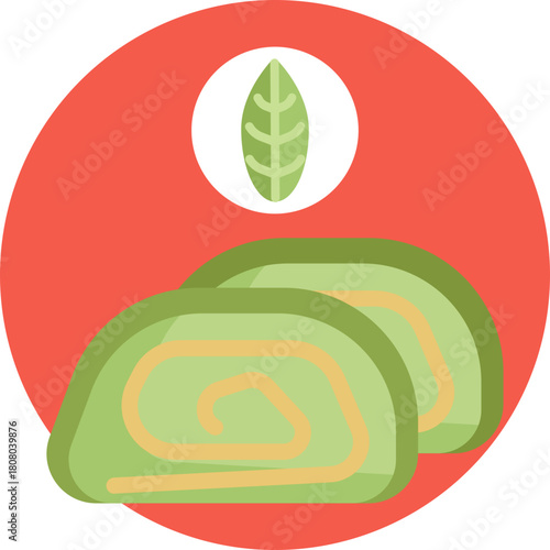 Matcha roll cake slice with a spiral cream filling.